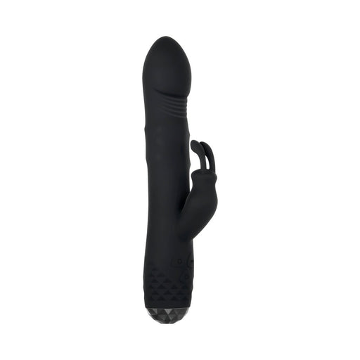 Black rotating rabbit vibrator with textured handle and dual motor curved ears for targeted stimulation.