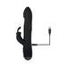 Black rotating rabbit vibrator with textured grip and USB charging cable on white background.