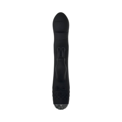 Black rotating rabbit vibrator with textured handle and dual motor stimulator ears, designed for multi-speed pleasure.