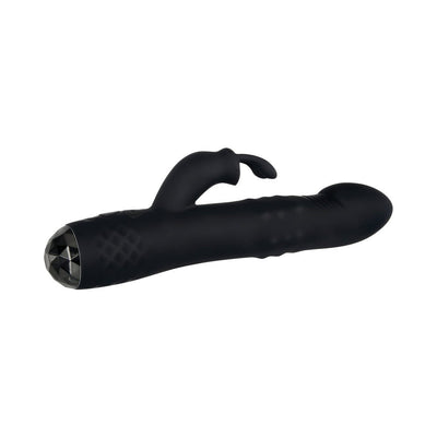 Black rotating rabbit vibrator with curved ears and textured handle with diamond-cut base controls.