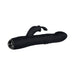 Black rotating rabbit vibrator with curved ears and textured handle with diamond-cut base controls.