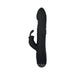 Black rotating rabbit vibrator with textured shaft and curved clitoral stimulator, diamond-cut control base.