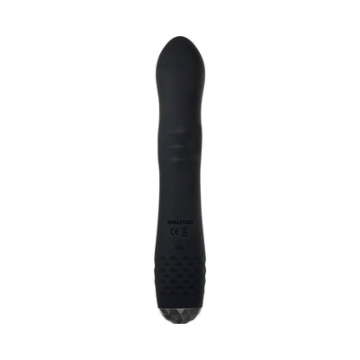Black sleek rotating rabbit vibrator with textured grip and tapered tip, designed for multi-speed pleasure.