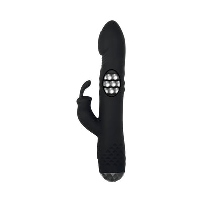 Black rotating rabbit vibrator with curved ears, textured base, and visible internal rotating beads.