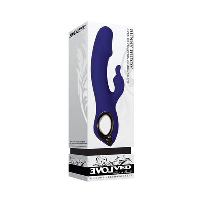 Blue silicone Bunny Buddy vibrator with ring handle shown on white product packaging with black and silver accents.