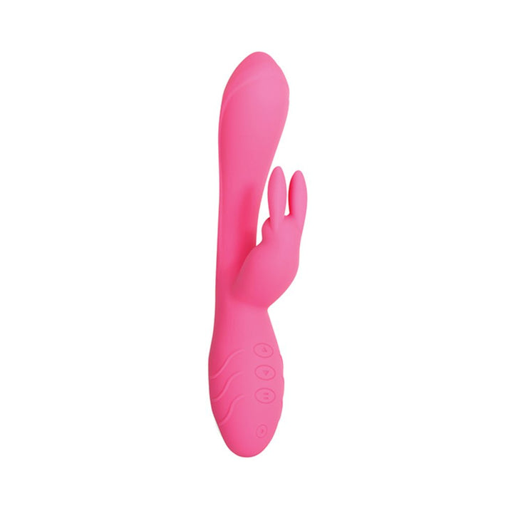 Pink dual motor rabbit vibrator with curved shaft and flexible clitoral stimulator ears, featuring control buttons on the handle.