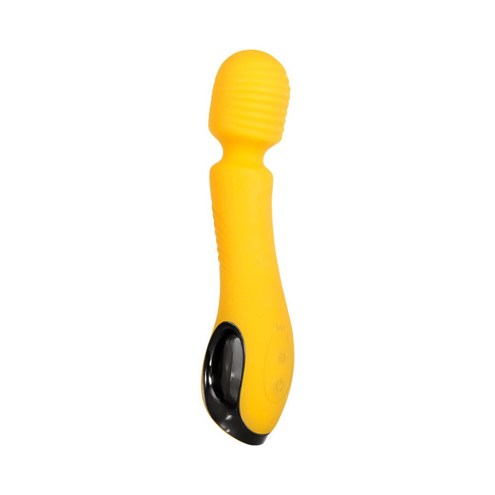 Yellow flexible wand vibrator with textured head and ergonomic black handle on white background