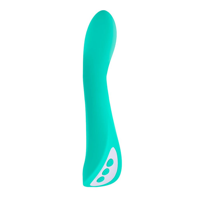 Turquoise silicone vibrator with curved shaft and ergonomic handle featuring three-button control panel with LED lights.