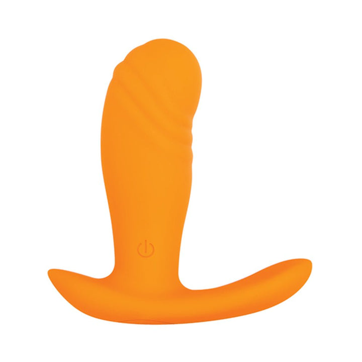 Compact orange silicone vibrator with curved base and textured shaft, designed for comfortable and customizable use.