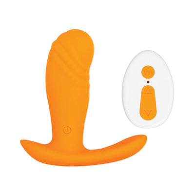 Compact orange silicone vibrator with curved base and white remote control featuring orange buttons.