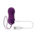 Purple textured vibrating and thrusting egg with USB charging cable on white background.