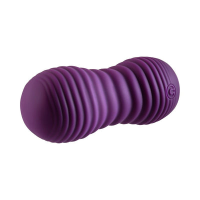 Purple textured vibrating and thrusting egg with accordion-style ridges and power button on one end.