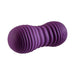 Purple textured vibrating and thrusting egg with accordion-style ridges and power button on one end.