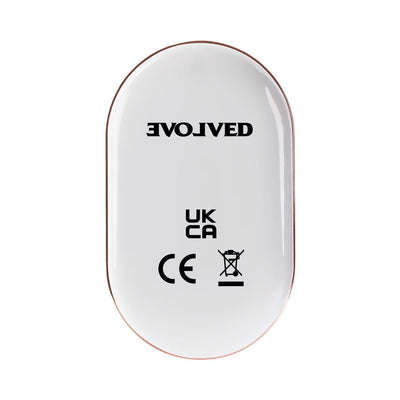 White oval remote control for Evolved Eager Egg with black branding and certification marks on top