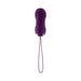 Purple textured vibrating and thrusting egg with long retrieval cord against white background.