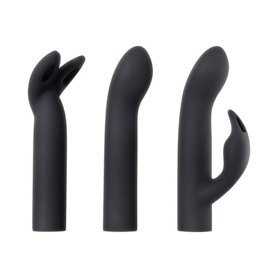 Three black silicone interchangeable sleeves for the Evolved Four Play Kit, designed for varied stimulation.