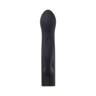 Black silicone pleasure device with contoured design and smooth tip, shown against a white background.