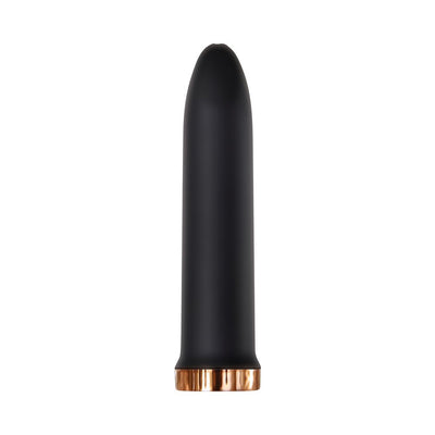 Sleek black bullet vibrator with rose gold base, designed for versatile pleasure and interchangeable silicone sleeves.