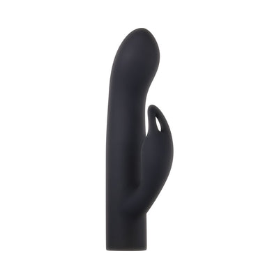 Black silicone dual-stimulation attachment sleeve for Evolved Four Play Kit with curved tip and clitoral stimulator.