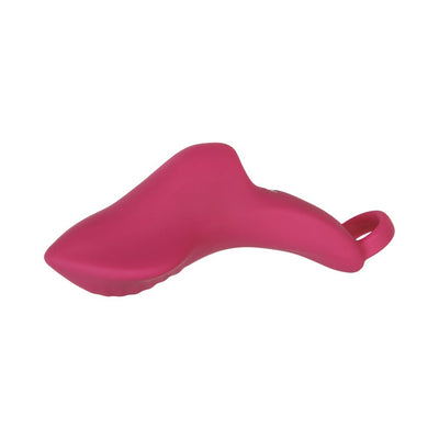 Pink silicone finger ring vibrator with textured flat surface and ergonomic shape for targeted stimulation.