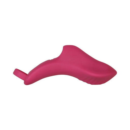 Magenta rechargeable finger ring vibrator with ergonomic curved design and textured surface for targeted stimulation.