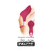 Evolved Frisky Finger rechargeable silicone vibrator in deep pink shown worn on finger and separately.
