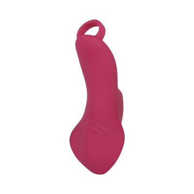 Pink rechargeable finger ring vibrator with textured flat surface and ergonomic design.