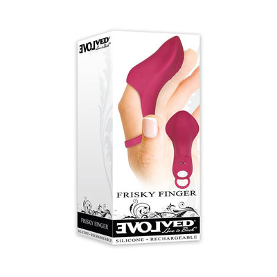 Packaging of Evolved Frisky Finger rechargeable silicone finger vibrator in deep pink with ring design shown on hand.