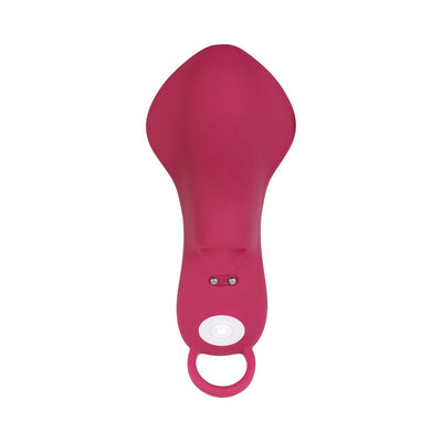 Evolved Frisky Finger rechargeable bullet vibrator in deep pink with power button and finger loop design.