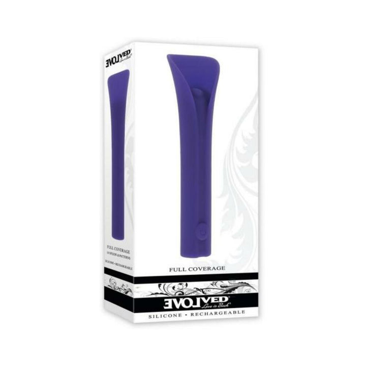 Purple silicone rechargeable bullet vibrator with full coverage curved hood, shown in product packaging.