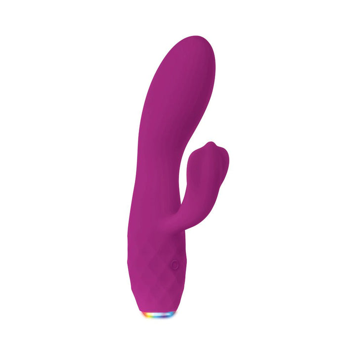 Purple dual-motor vibrator with curved shaft and smaller clitoral stimulator, featuring a light-up base with rainbow colors.