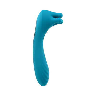 Teal rechargeable dual-ended vibrator with curved textured shaft and three rotating finger attachments on one end.