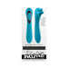 Teal dual-ended rechargeable vibrator with smooth handle and three rotating, vibrating finger heads, shown in packaging.