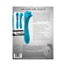 Teal dual-ended vibrator with arched bulb and rotating three-finger head, shown with packaging and USB charging cable.