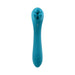 Teal silicone dual-ended vibrator with three rounded tips on one end and textured shaft on the other, featuring two control buttons.