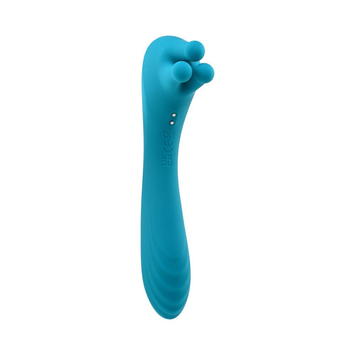 Teal silicone rechargeable vibrator with curved shaft and three rounded massaging tips on one end.