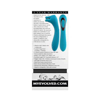 Teal dual-ended rechargeable vibrator with arched bulb and rotating three-finger head, shown with product details and warranty info.