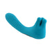 Teal rechargeable vibrator with curved textured shaft and three rotating finger attachments, ergonomic design.