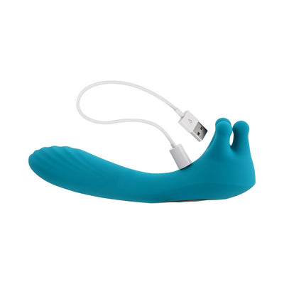 Teal rechargeable dual-ended vibrator with textured shaft and three rotating finger attachments, USB charging cable included.