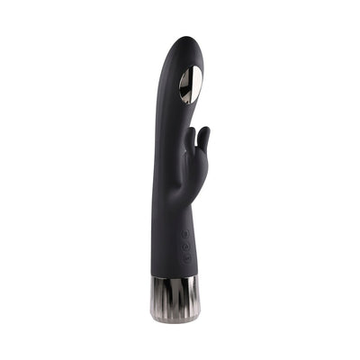 Black silicone G-spot rabbit vibrator with heating and cooling panel, dual motors, and chrome-finished base.