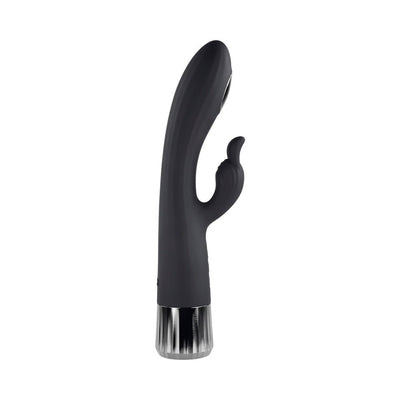 Black silicone G-spot rabbit vibrator with heating and cooling panel, textured shaft, and chrome-finished base.
