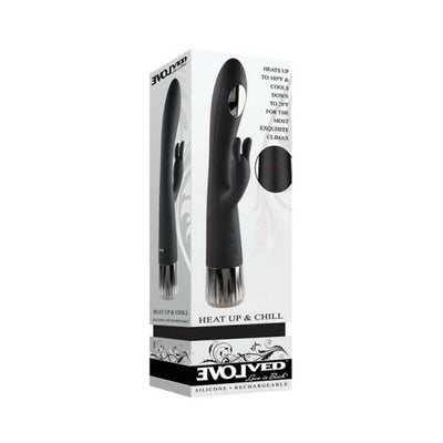 Black Evolved Heat Up & Chill G-Spot Rabbit vibrator with dual motors, heating and cooling feature, shown in packaging.