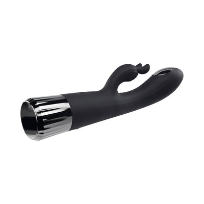 Black silicone G-spot rabbit vibrator with curved shaft, flexible stimulator ears, and chrome-finished handle.