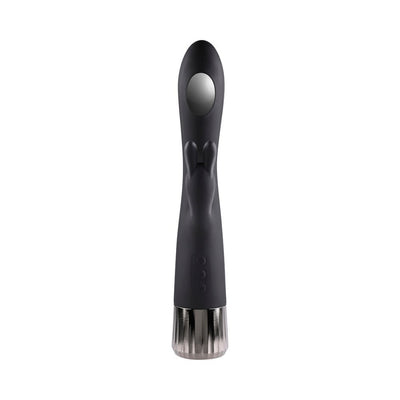 Black silicone G-spot rabbit vibrator with heating and cooling panel, dual motors, and chrome-finished base.