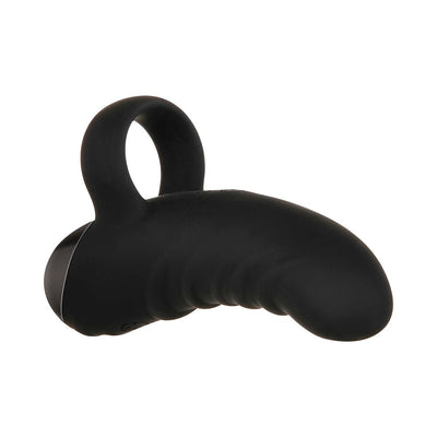 Black curved finger vibrator with textured shaft and flexible ring, designed for targeted stimulation and easy control.
