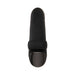 Black curved finger vibrator with ribbed texture and flexible ring, made of smooth silicone and black chrome finish.