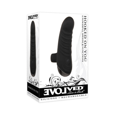 Packaging box of the Evolved Hooked on You curved black silicone finger vibrator with 8 speeds and rechargeable feature.