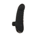 Black curved finger vibrator with ribbed texture and flexible ring, designed for targeted stimulation and easy control.