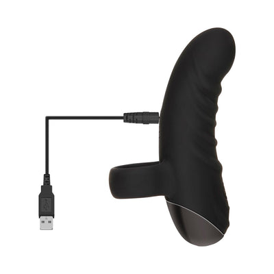 Black curved finger vibrator with ribbed texture and USB charging cable attached, designed for targeted stimulation.