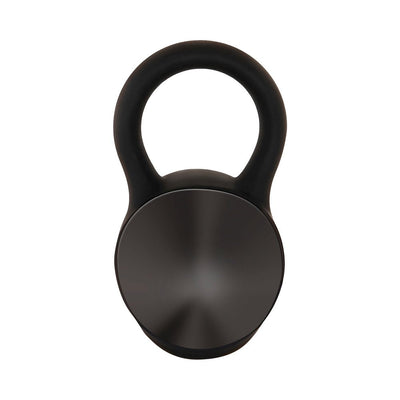 Black curved finger vibrator with smooth silicone loop and metallic finish base, compact and ergonomic design.